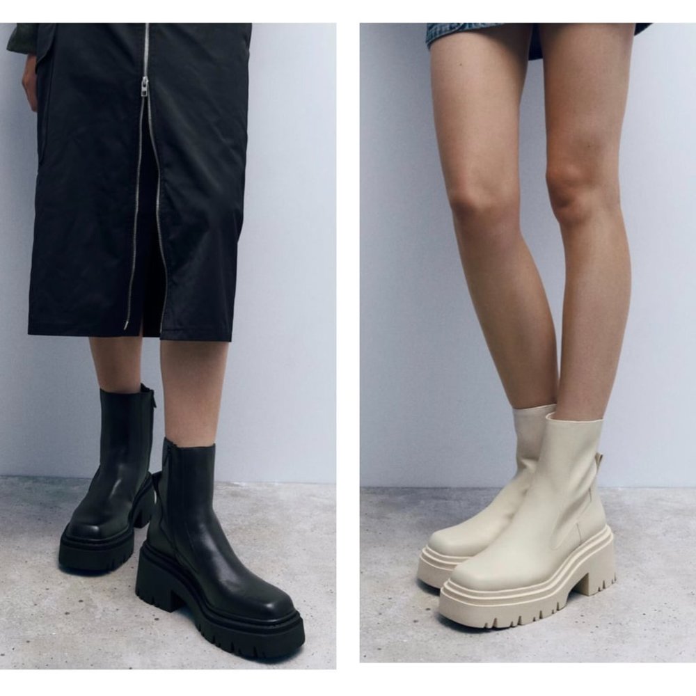 ZARA Women's LUG Sole Ankle Boots(Off White, Black US 9/EUR 40)